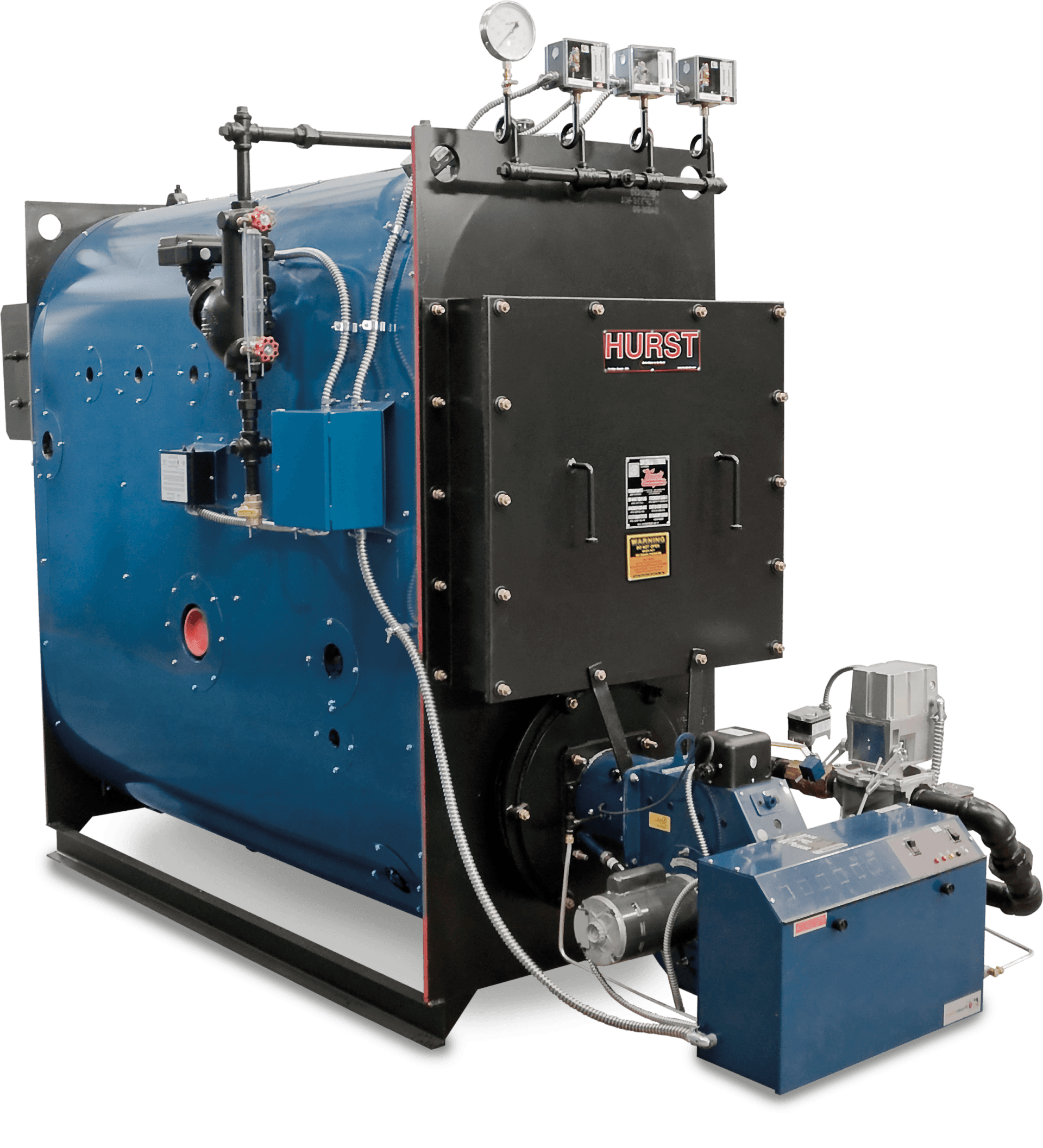 Blue industrial boiler with attached controls, including a pressure gauge and burner.