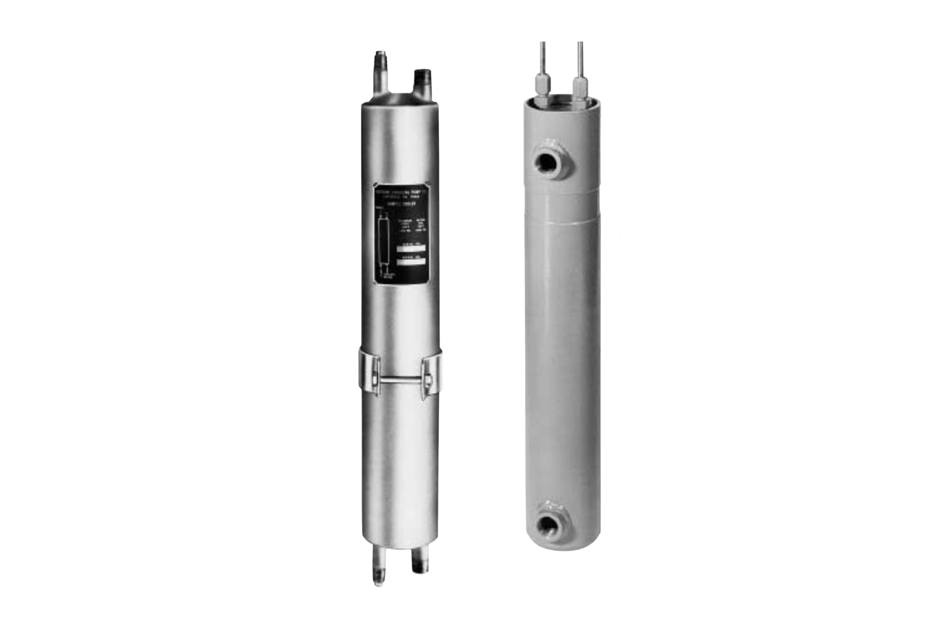 Two industrial cylindrical heat exchangers, vertical, with ports and labels.