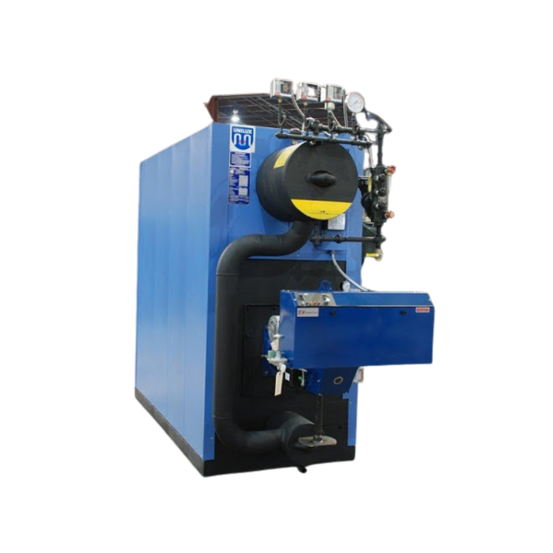 Blue industrial boiler with black pipes, gauges, and burner.