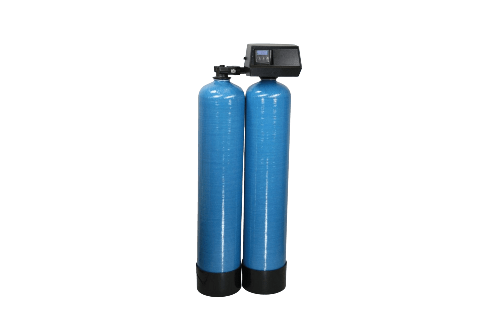 Two blue water filtration tanks with a digital control panel on top.