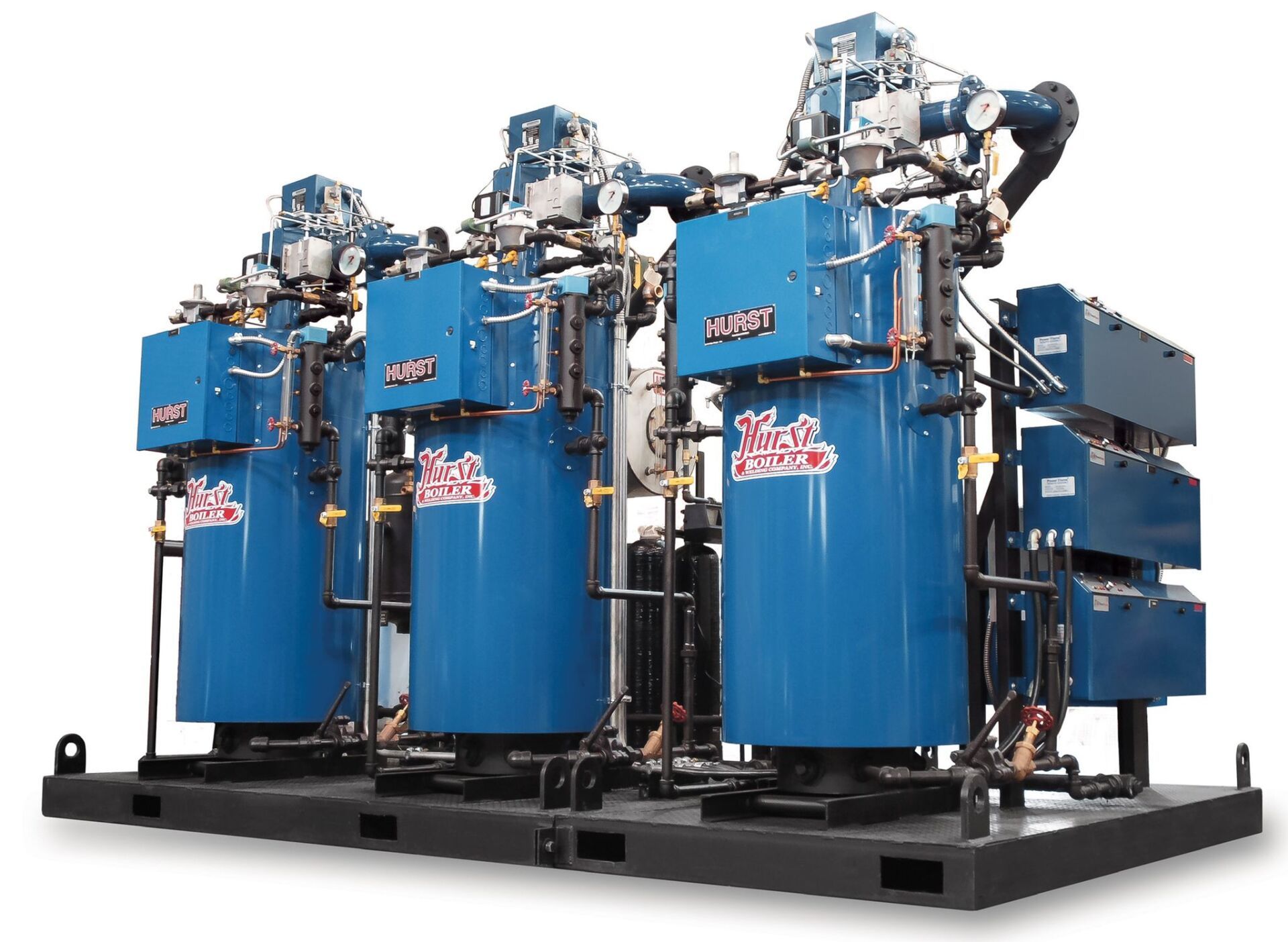 Three large blue industrial boilers on a black base, for heating.