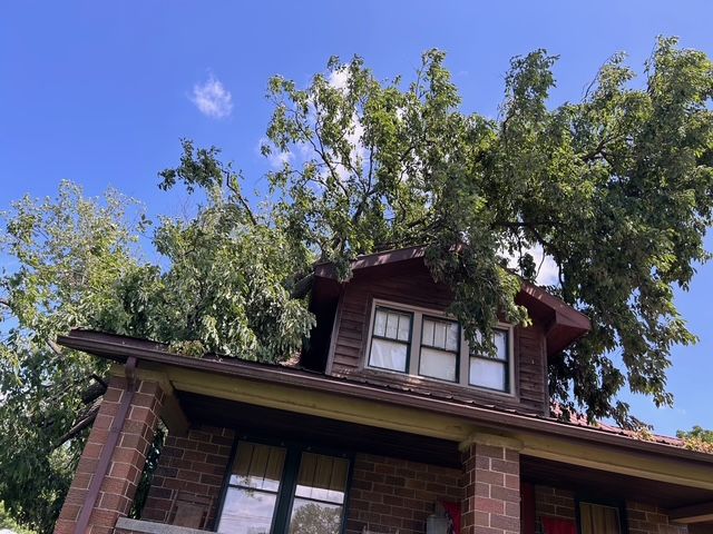 A large tree limb rests heavily on the roof and front porch of a brick home under a clear blue sky.