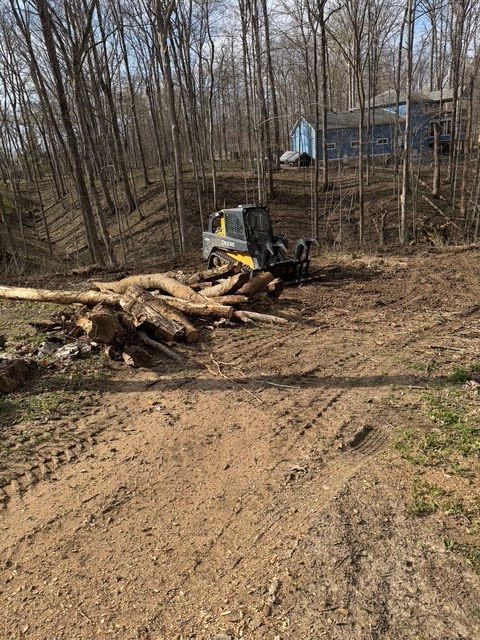 A yellow and black skid steer loader rests near a large pile of logs in a wooded area with a house in the background.