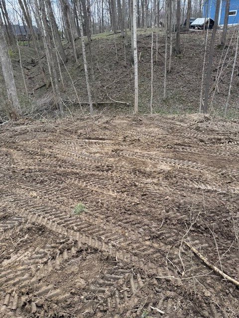 A view of a clearing in a wooded area featuring churned earth with visible heavy machinery tire tracks.