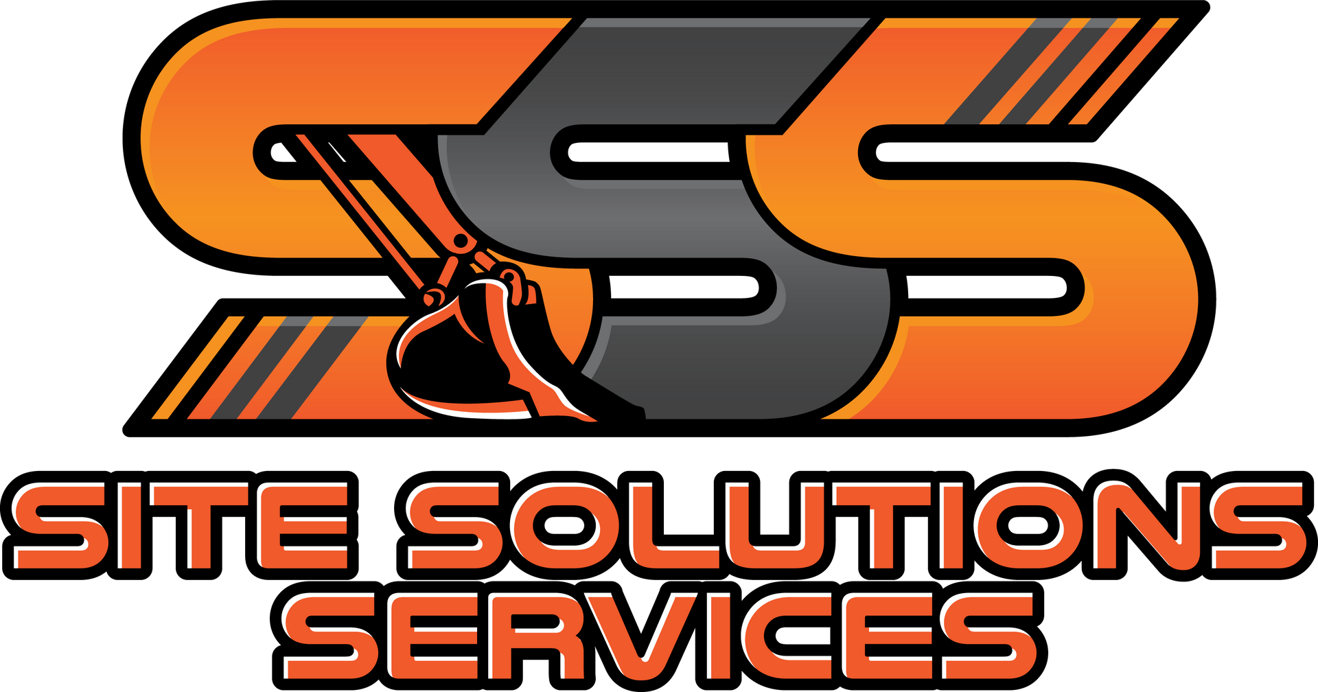 Logo for Site Solutions Services featuring the orange and gray text "SSS" with an excavator bucket inside the first S.