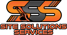 Logo for Site Solutions Services featuring the orange and gray text "SSS" with an excavator bucket inside the first S.