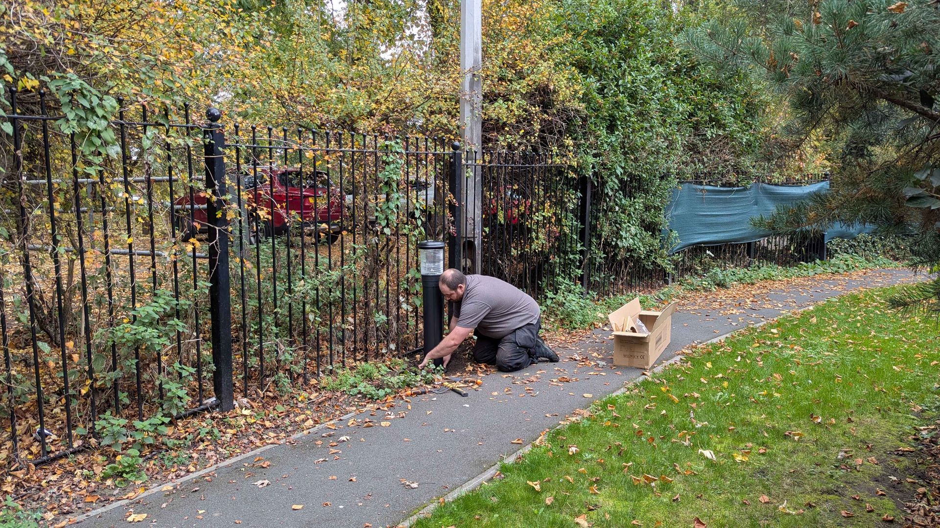 Man kneeling on path clearing leaves near fence, pole, and foliage. Cardboard box nearby.