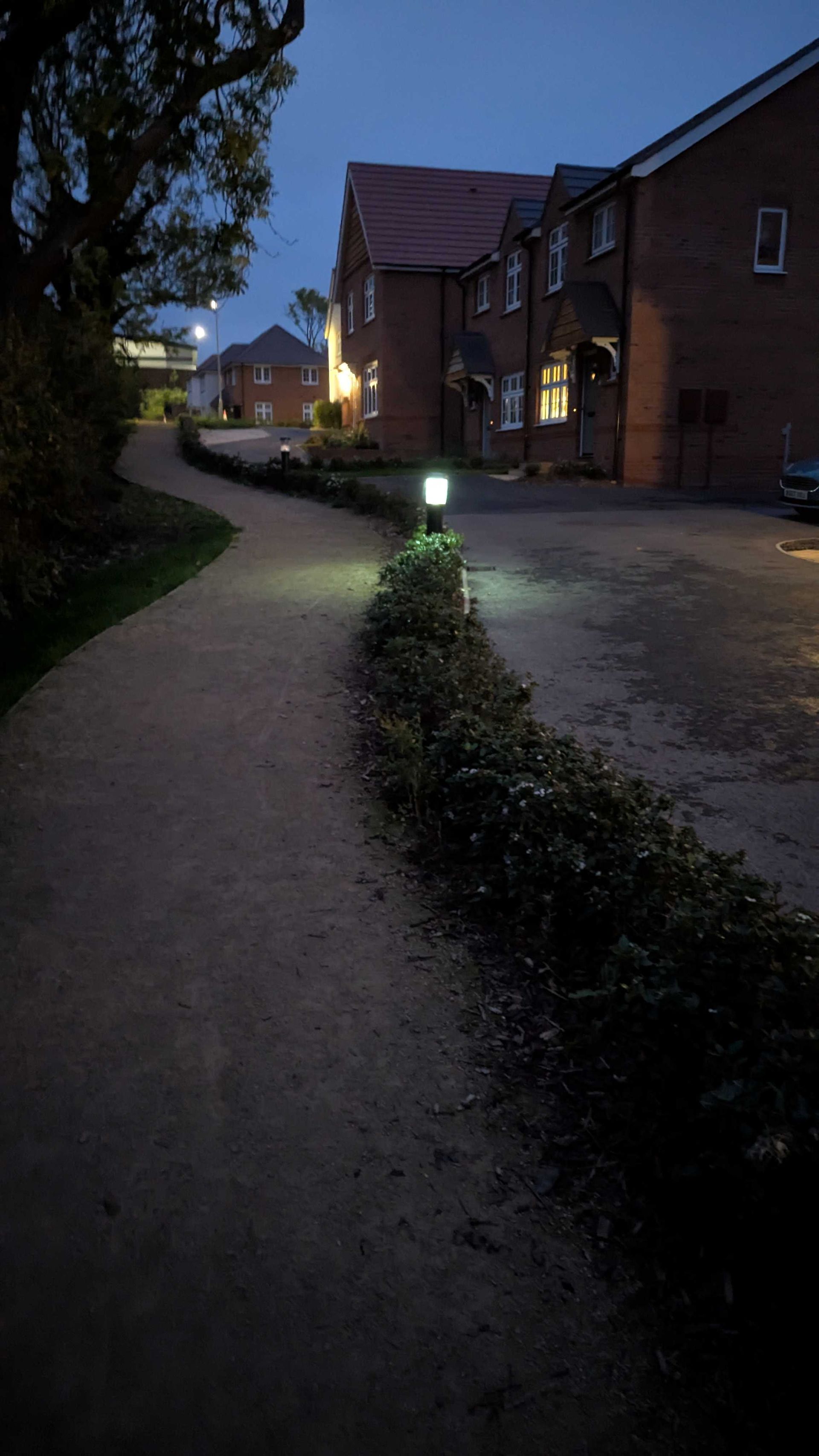 A dark path curves past a hedge and lit street lamps. Houses with lit windows stand in the background.