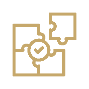 Gold outline of puzzle pieces, one detached. A checkmark sits in the center where pieces connect.