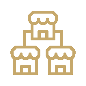 Three connected shop icons, suggesting a business network or franchise.