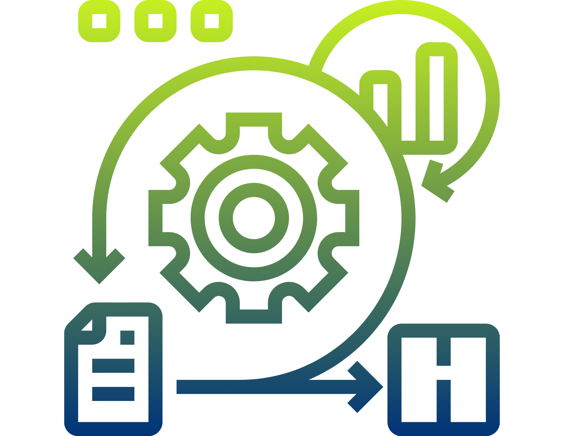 Gear and document flow diagram with arrows, bar chart, and file icons in green and blue
