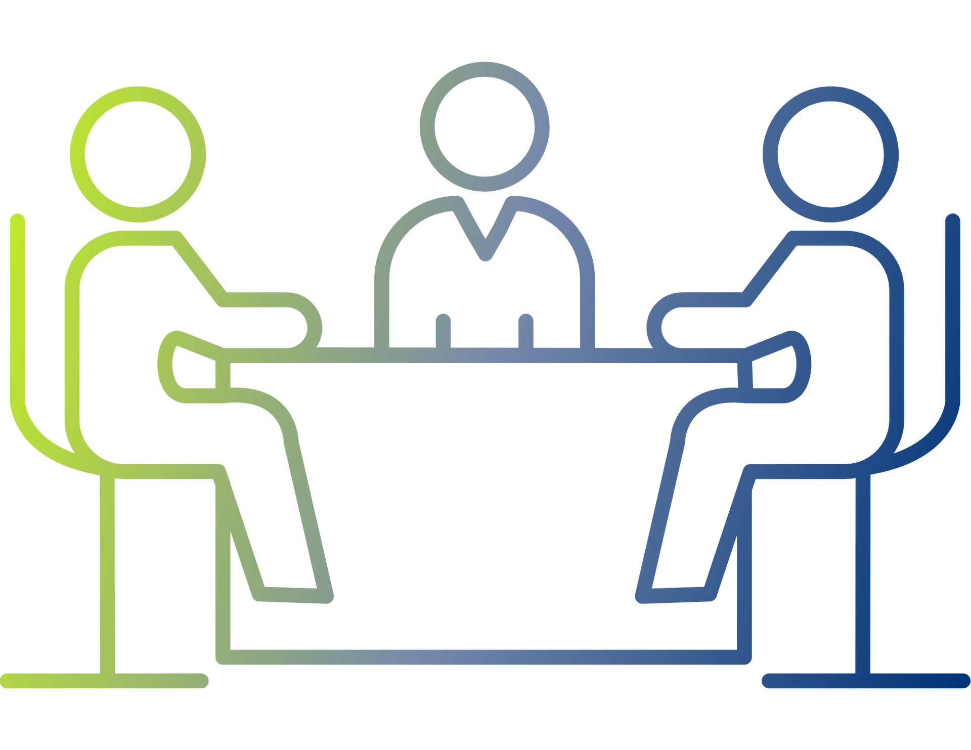 Three outlined people seated around a table, left figure green, center gray, right blue