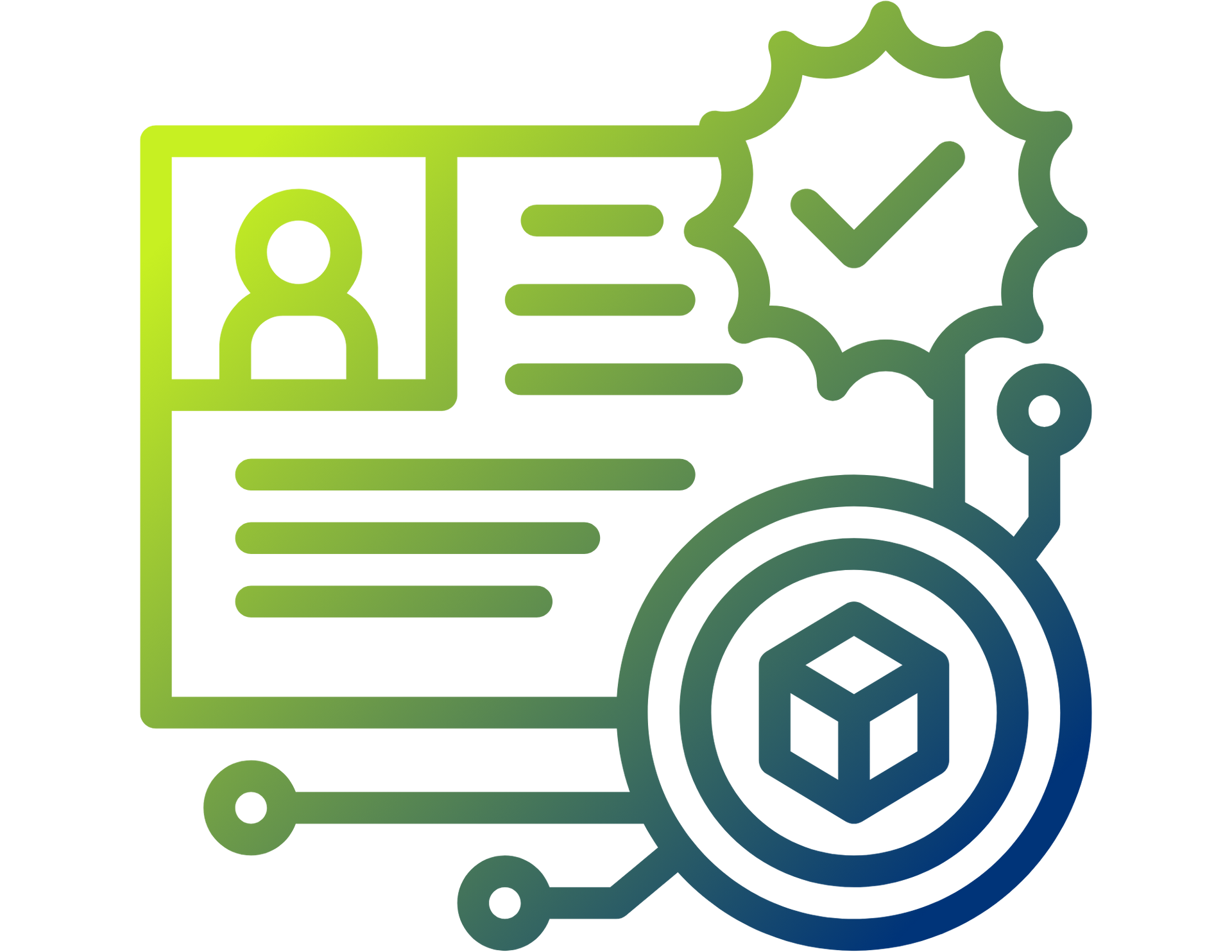Green ID card with profile icon and checkmark beside a blue circular badge with cube symbol