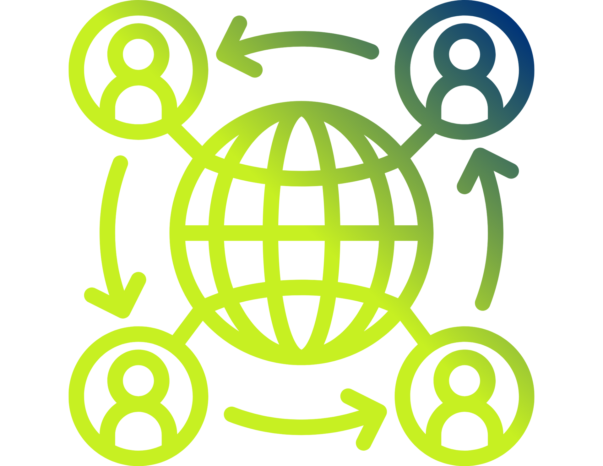 Green globe with four user icons connected by arrows, showing global communication network