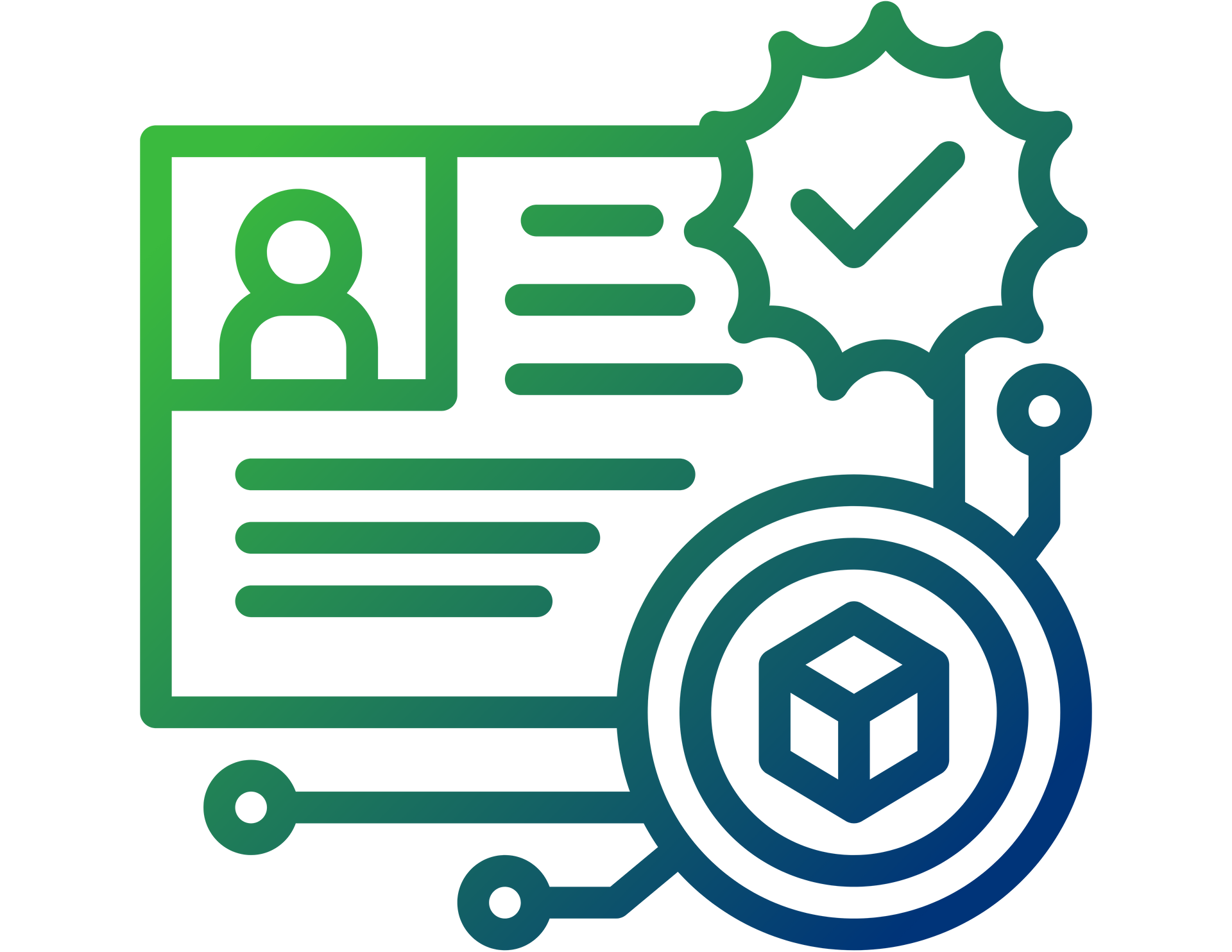 Green certificate with profile icon and checkmark beside a blue magnifying-glass cube symbol