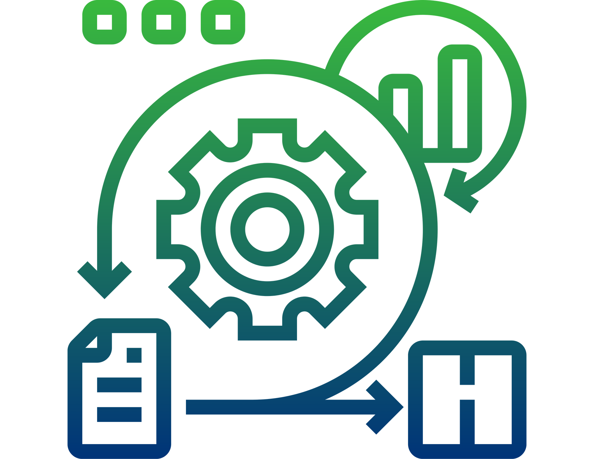 Green and blue process diagram with gear, arrows, document, and bar chart icons