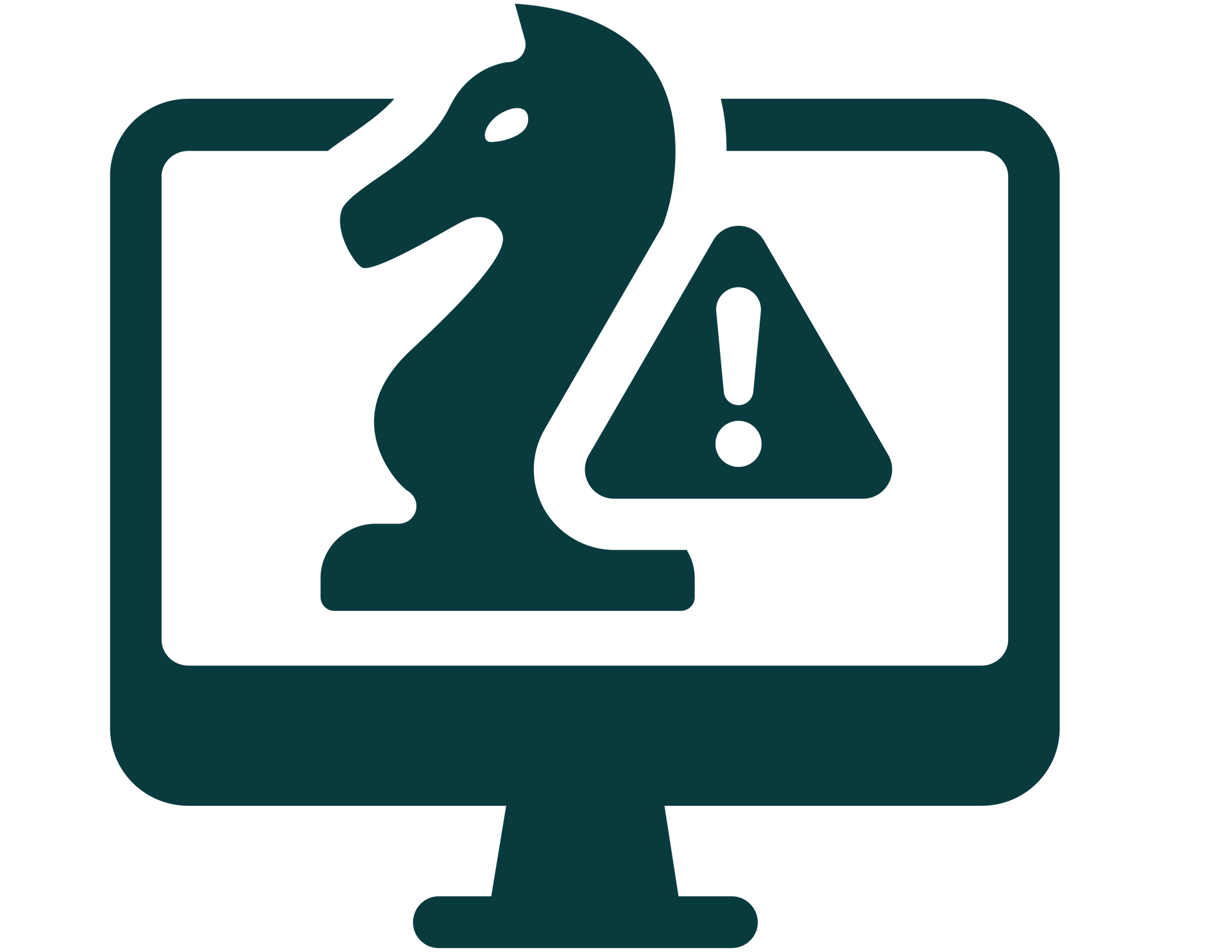 Computer monitor with a trojan knight symbol and warning triangle icon indicating computer malware