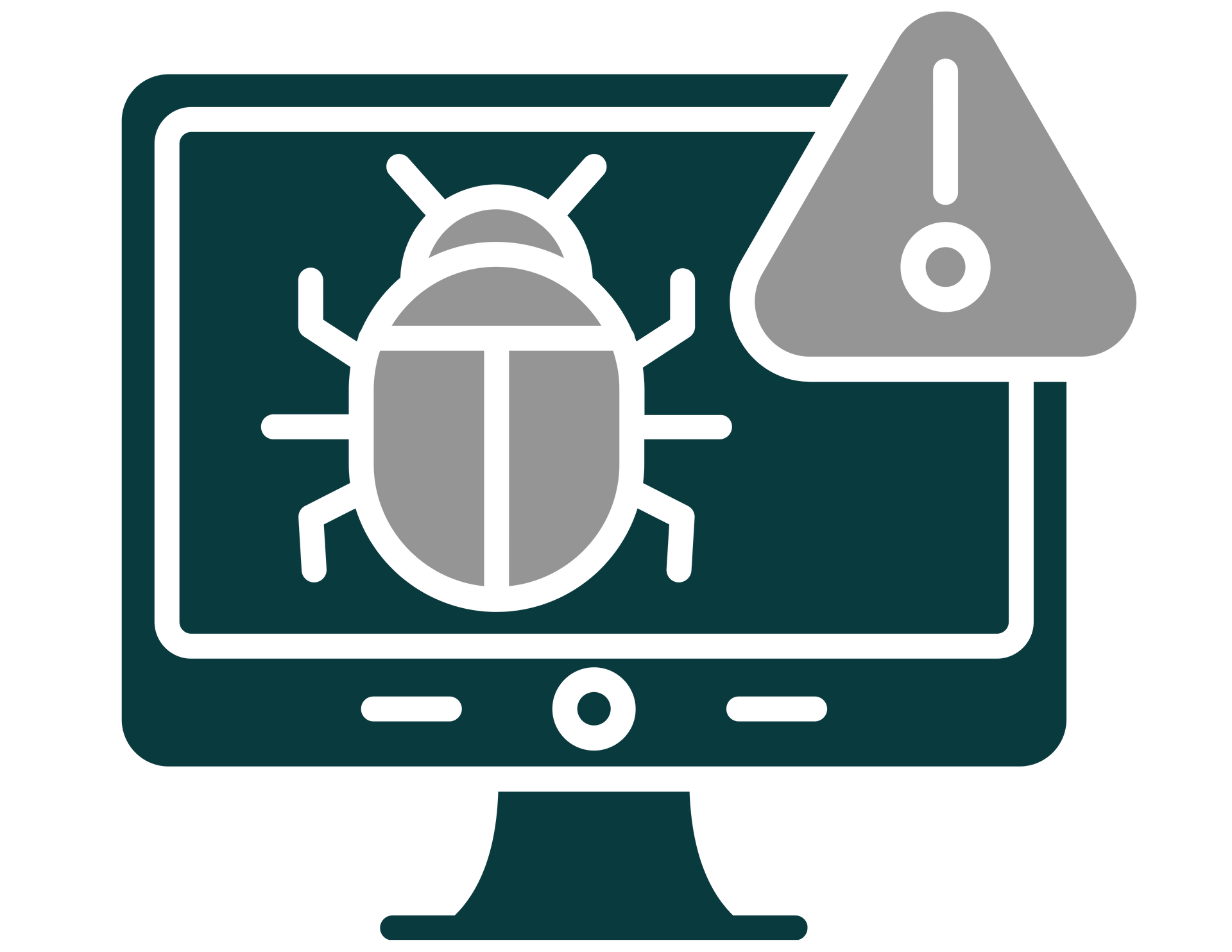 Computer monitor with a bug icon and warning triangle, indicating a software error or security alert