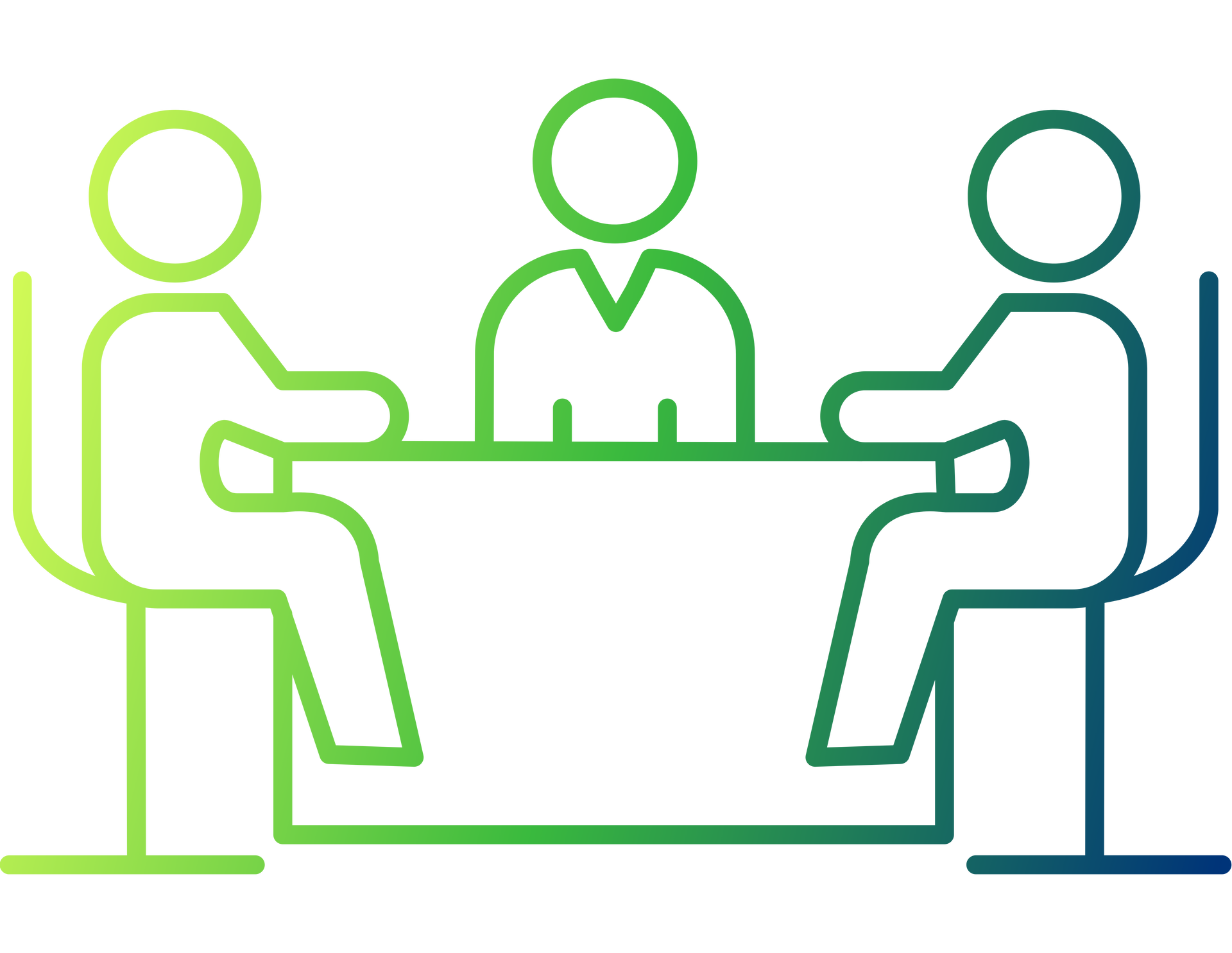 Three outlined figures seated around a table in green and blue line art