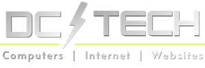 DC Tech logo with silver lettering and a lightning bolt, plus small text for computers, websites, and internet.