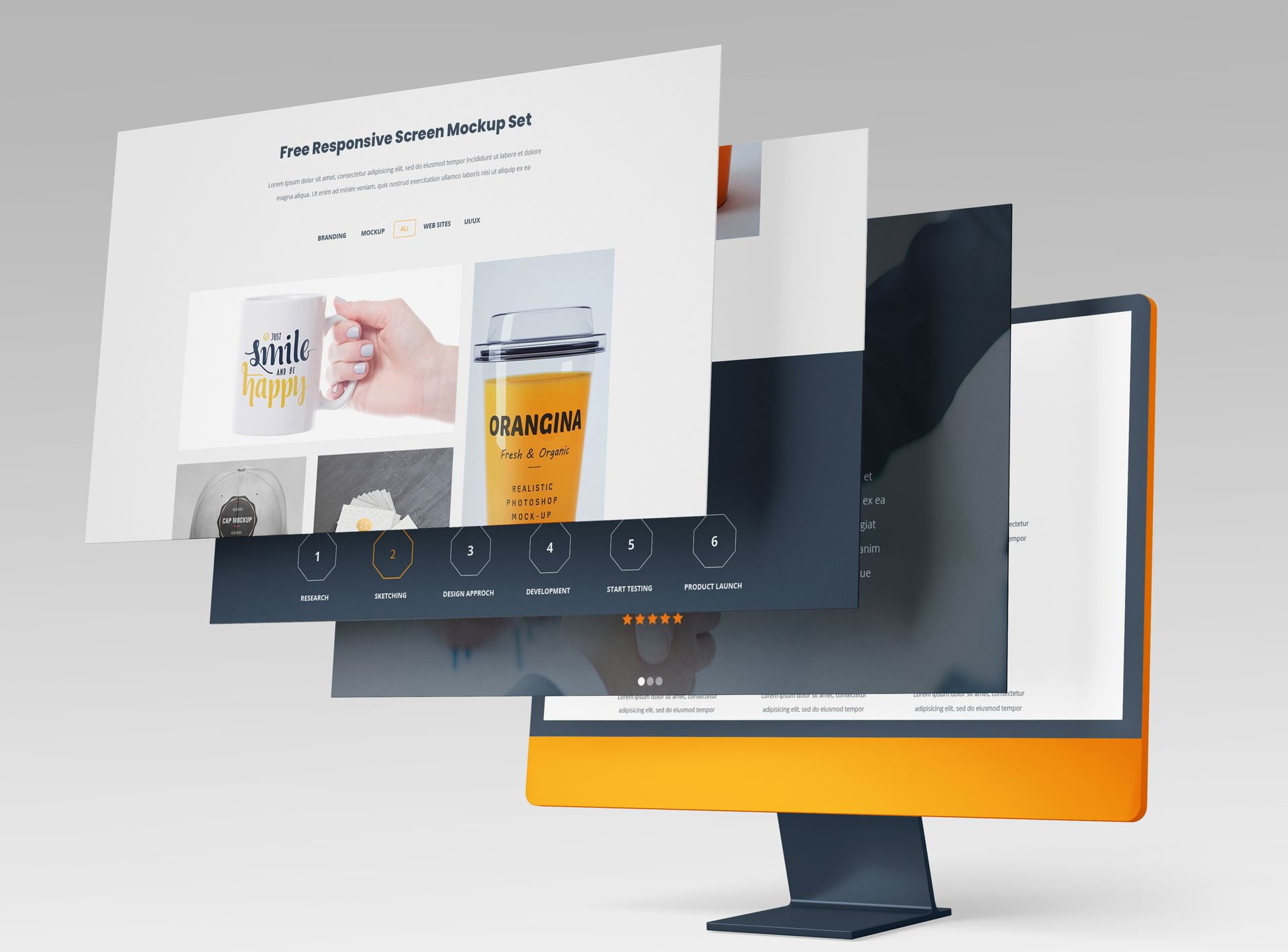 Stacked desktop monitor mockup showing layered website screens with orange and dark gray accents