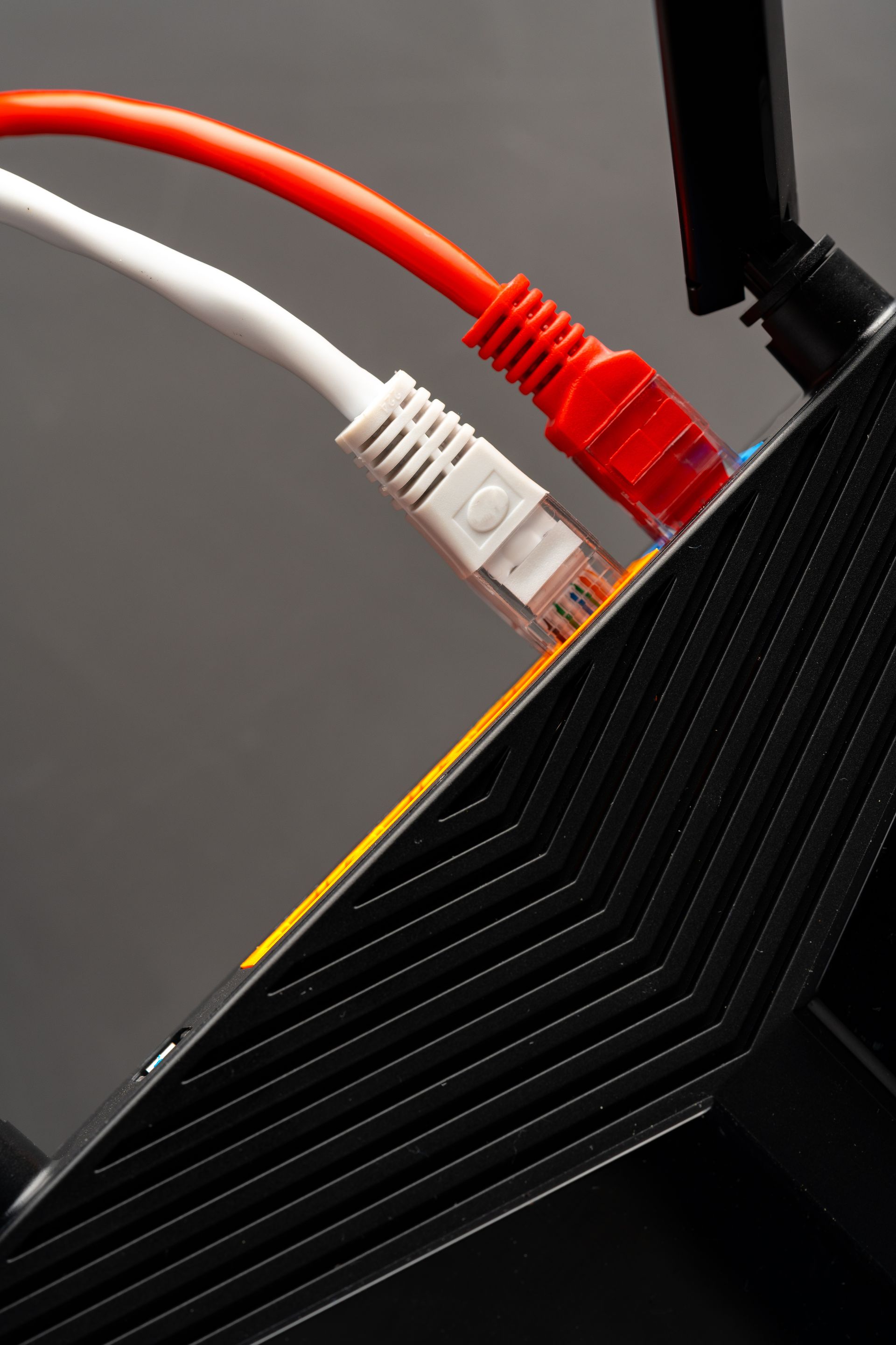 Close-up of red and white Ethernet cables plugged into a black router or network device