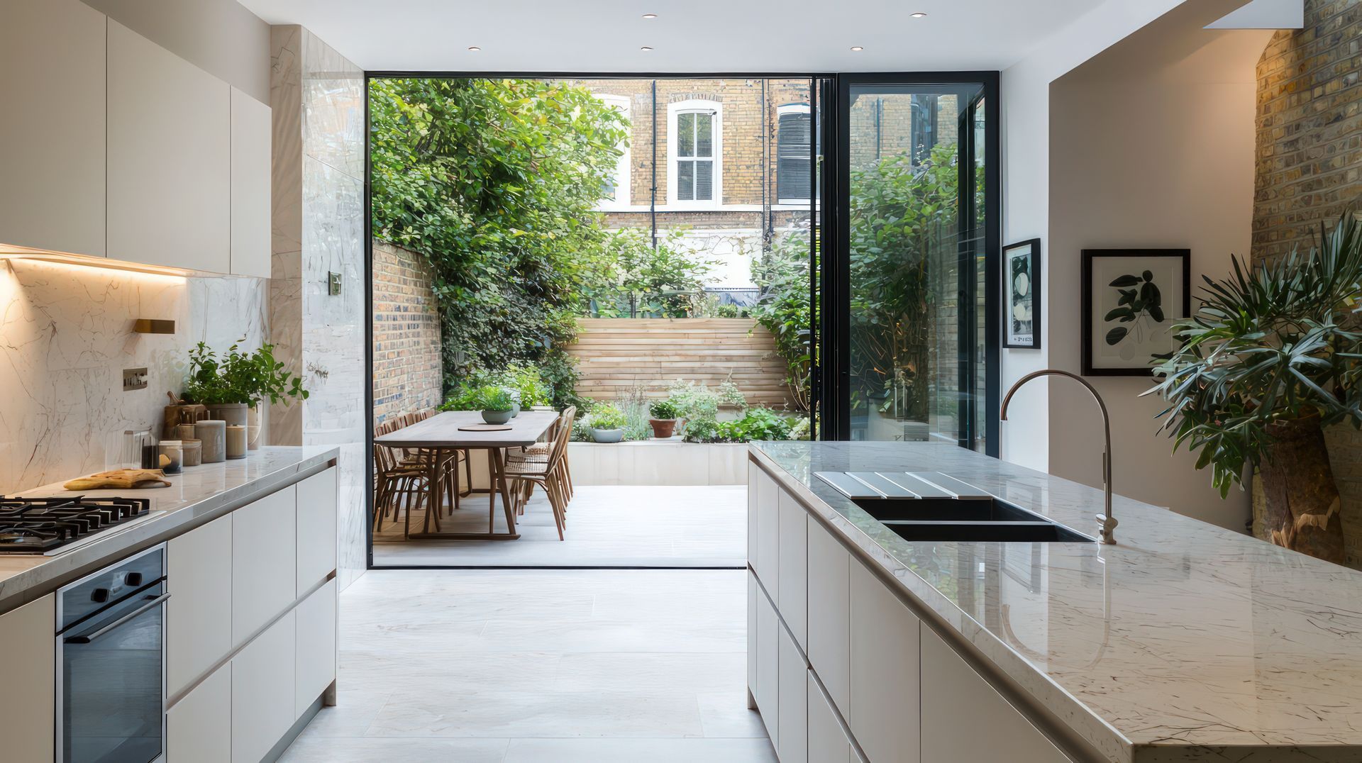 Cuisine moderne avec placards blancs et plans de travail en pierre, s'ouvrant sur une terrasse extérieure avec table à manger et jardin.