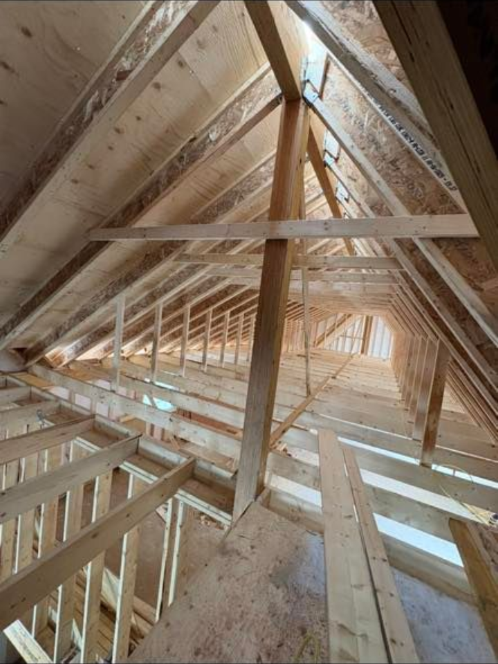 Vue intérieure d'une charpente de combles en bois inachevée, avec chevrons, poutres de soutien et platelage en construction.