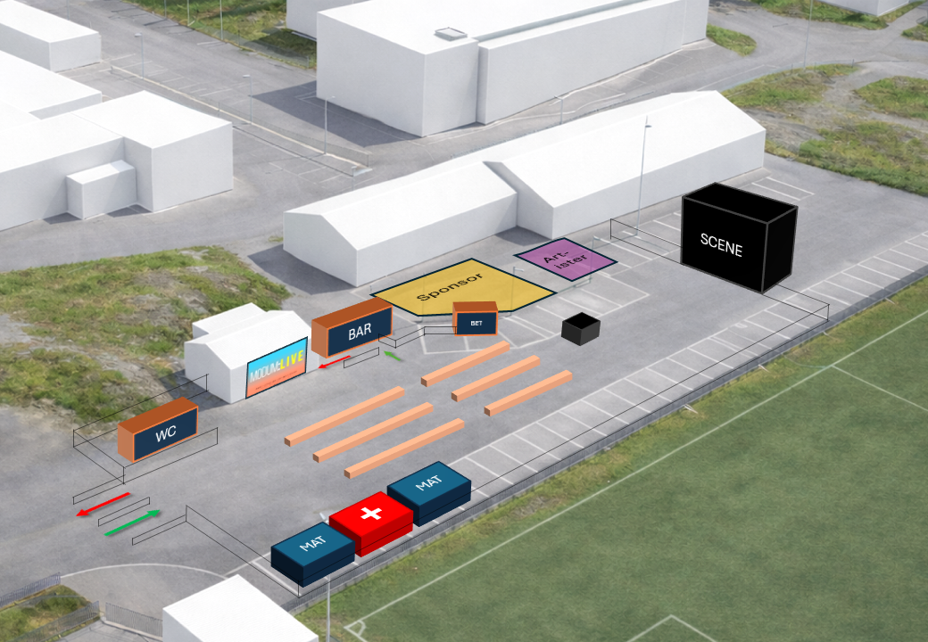 Isometric illustration of a park with a stage, seating, trees, and restrooms.