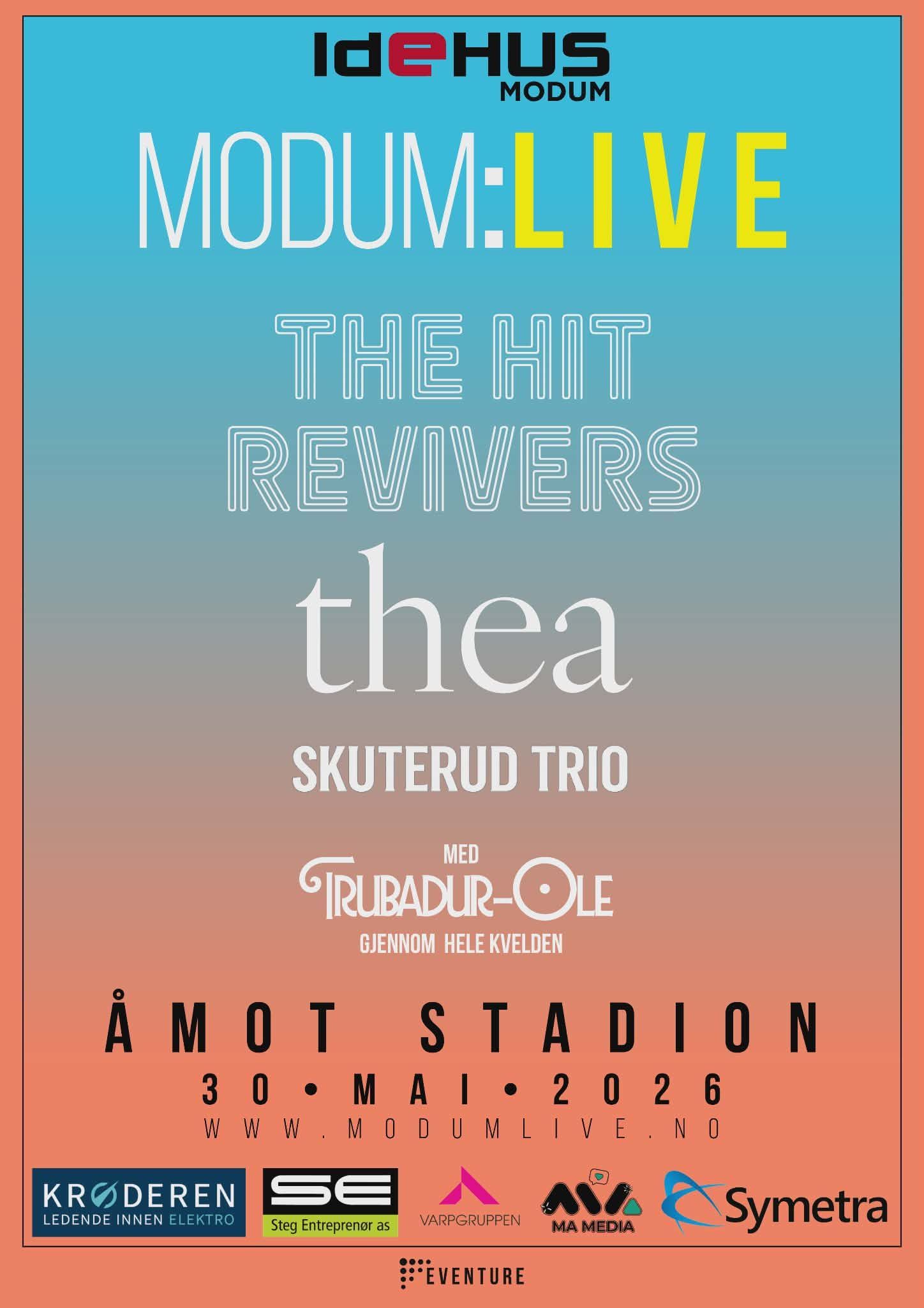 Poster for Modum Festivalen featuring The Hit Rewivers, Telahiv, and Skuterud Trio at Åmot Stadion, May 30 - June 1, 2026.