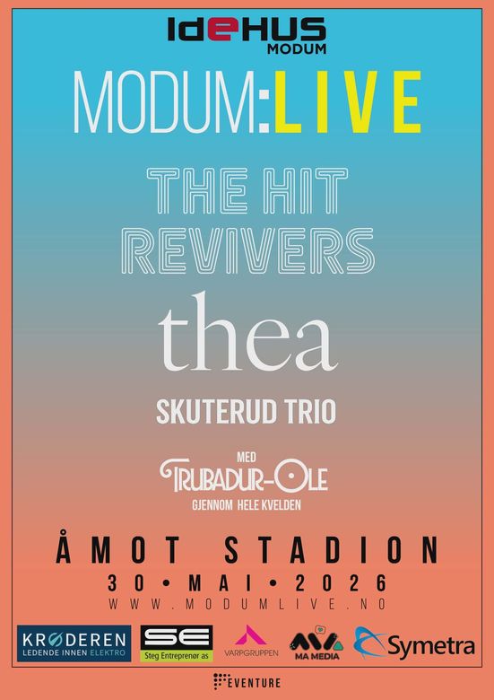 Poster for Modum Festivalen featuring The Hit Rewivers, Telahiv, and Skuterud Trio at Åmot Stadion, May 30 - June 1, 2026.