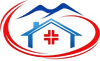 Logo medico blu e rosso con il contorno di una casa, una croce e una forma del tetto simile a una montagna all’interno di un ovale stilizzato