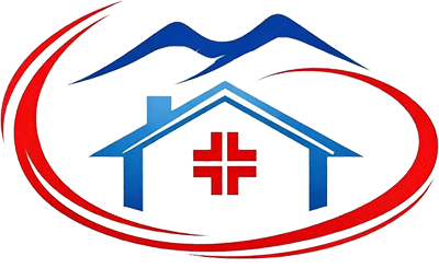Logo medico blu e rosso con il contorno di una casa, una croce e una forma del tetto simile a una montagna all’interno di un ovale stilizzato