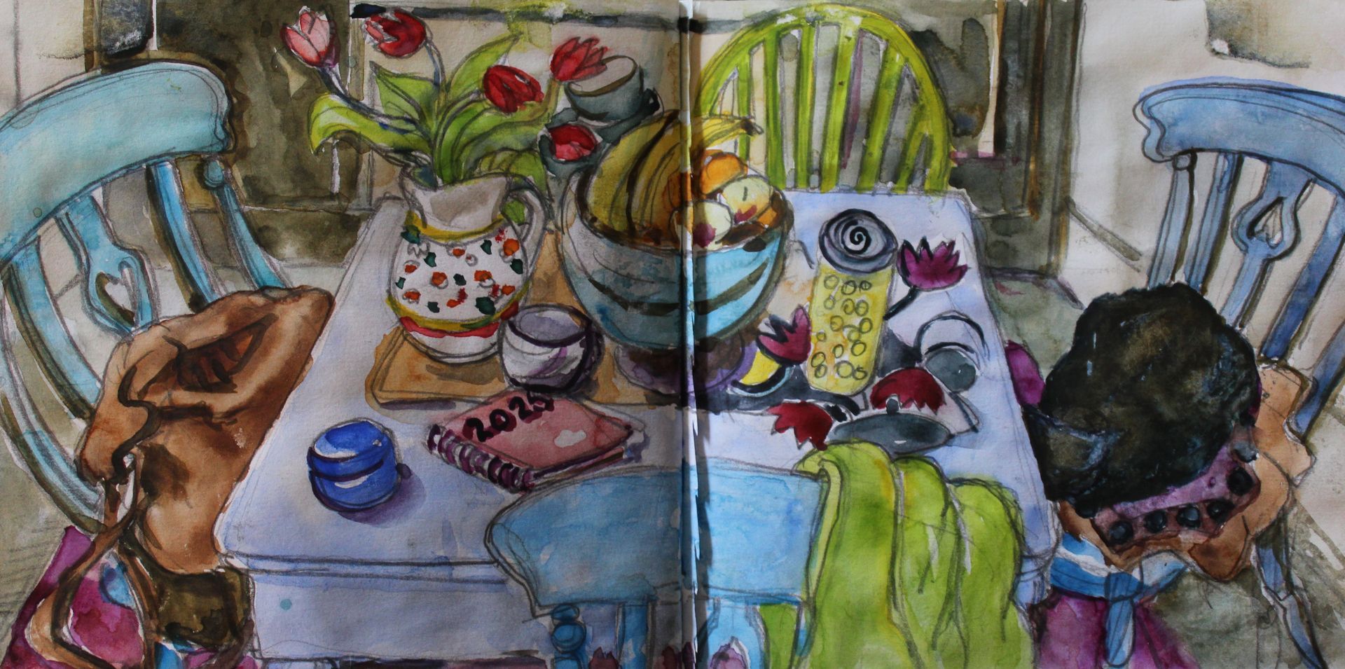 Watercolor sketch of a table set with fruit, flowers, and two chairs.