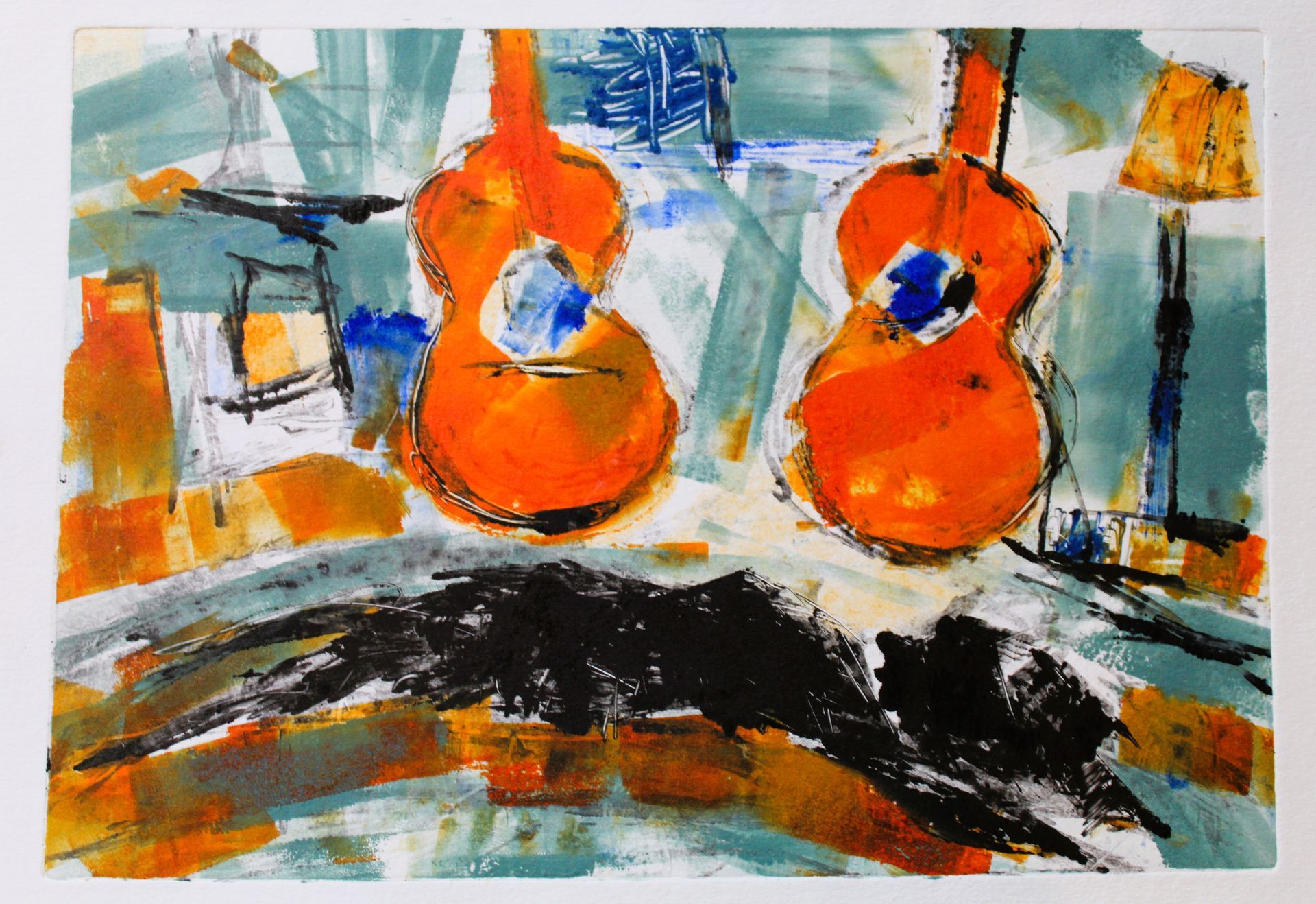 Two orange guitars on a table. Abstract art with blue and white background.
