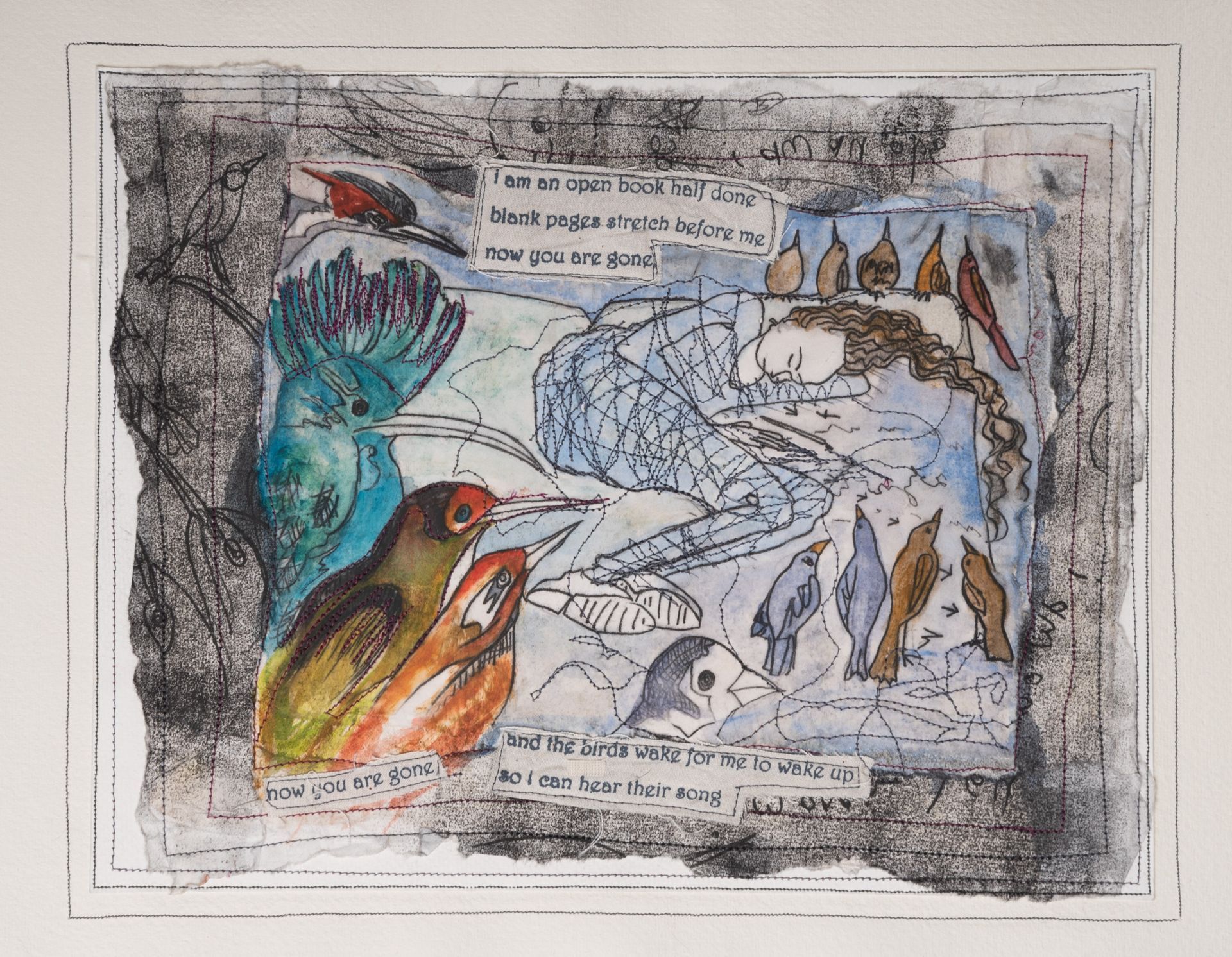 A person lies surrounded by colorful birds. Text reads,