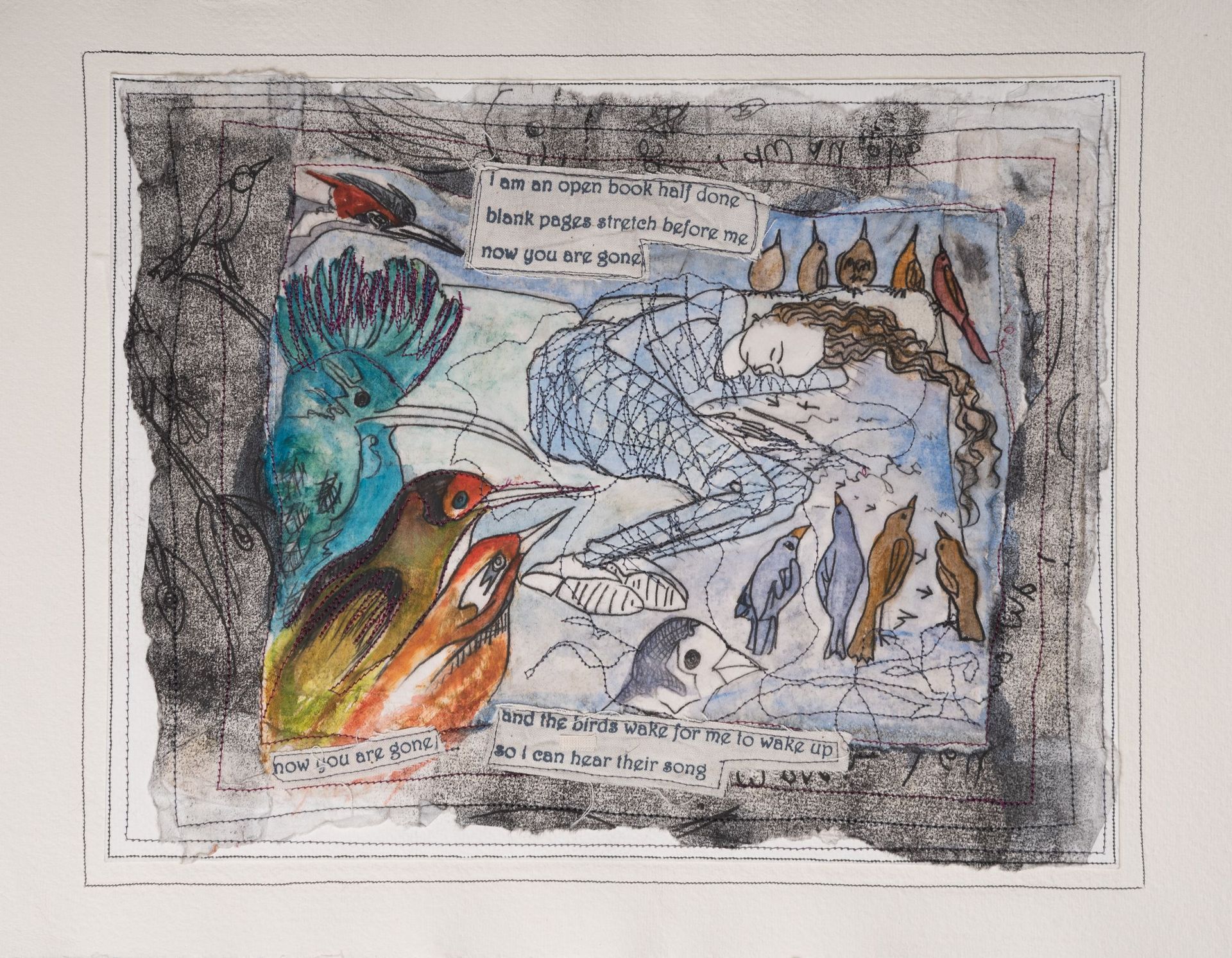 Watercolor print: a sleeping woman surrounded by birds; text, cool tones.
