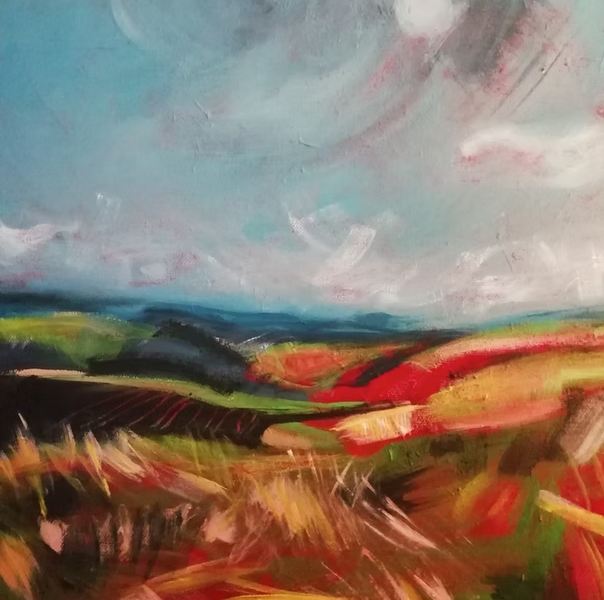 Abstract landscape painting with colorful rolling hills under a cloudy blue sky.