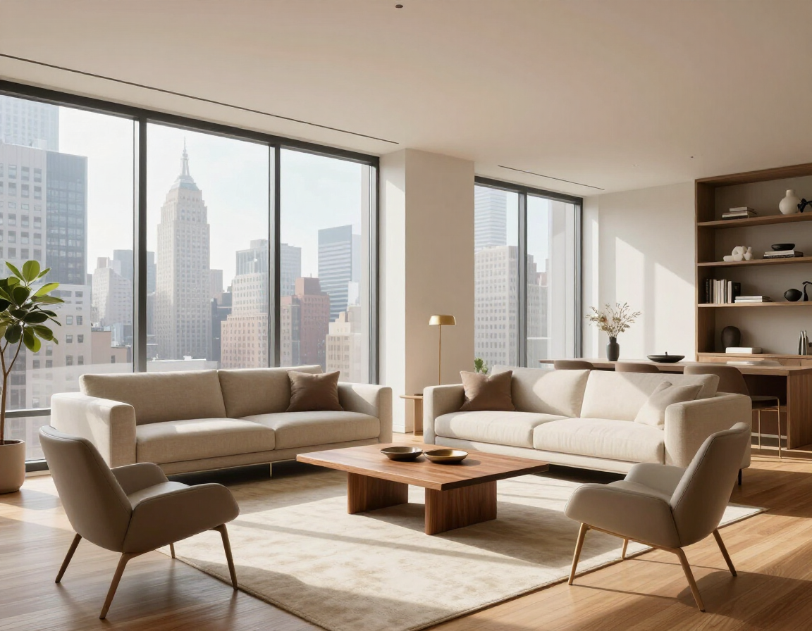 Modern living room with large windows and natural light