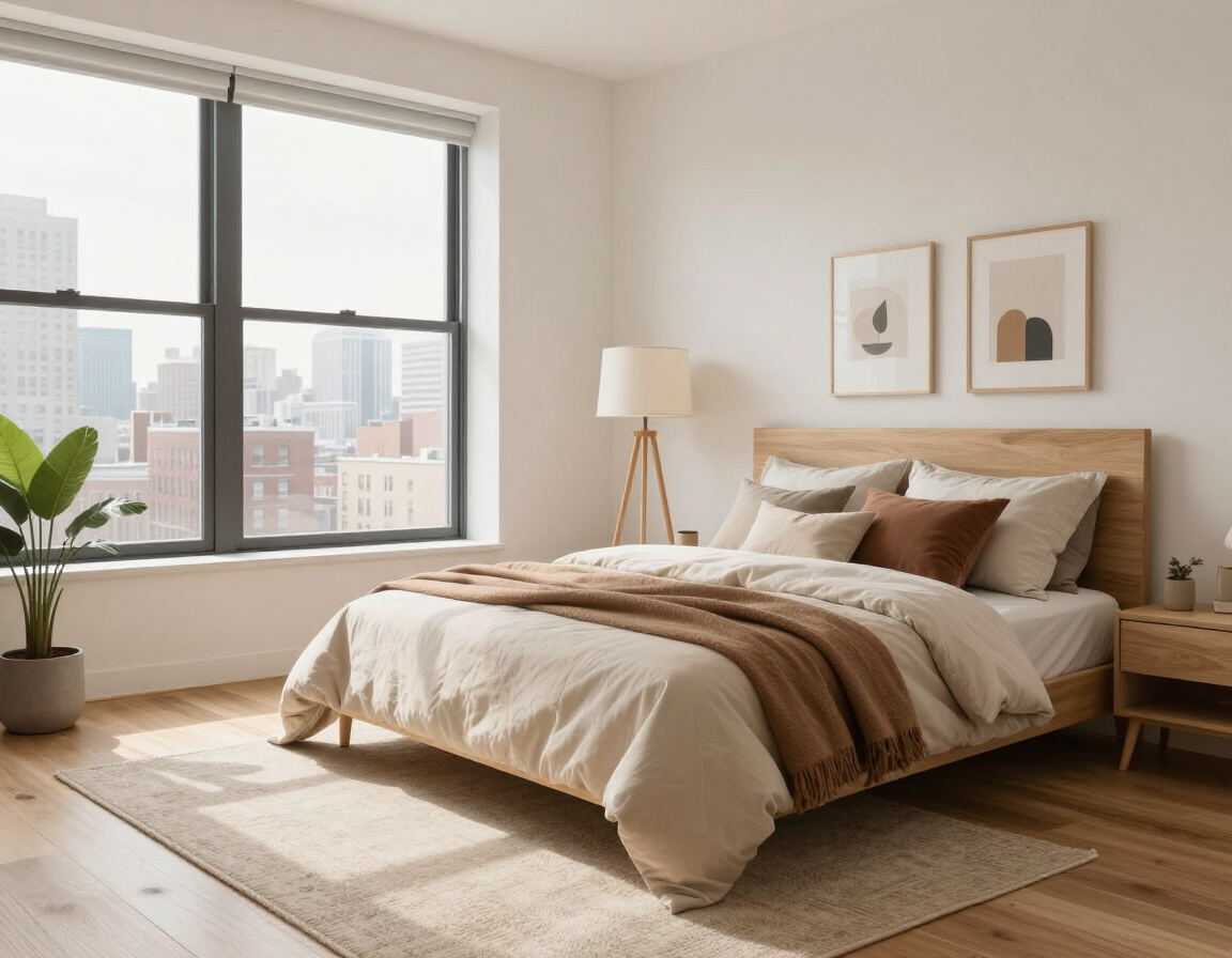 Bright bedroom with natural light and modern decor