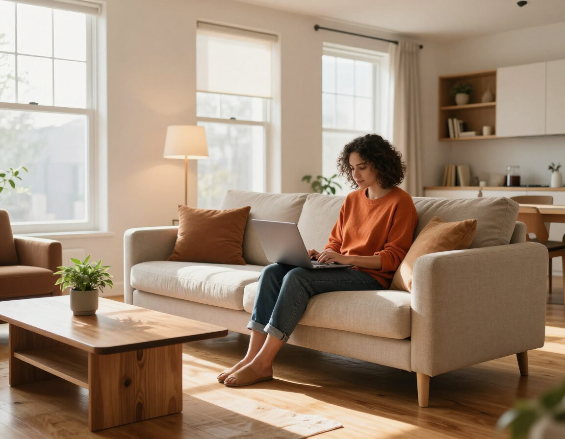Resident using laptop in modern apartment