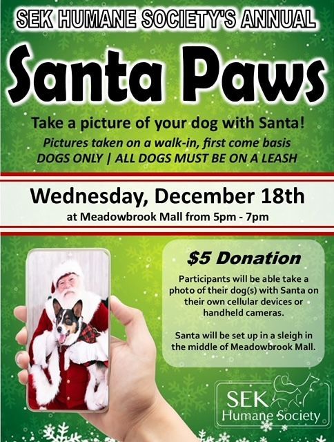 A flyer for the sek humane society 's annual santa paws