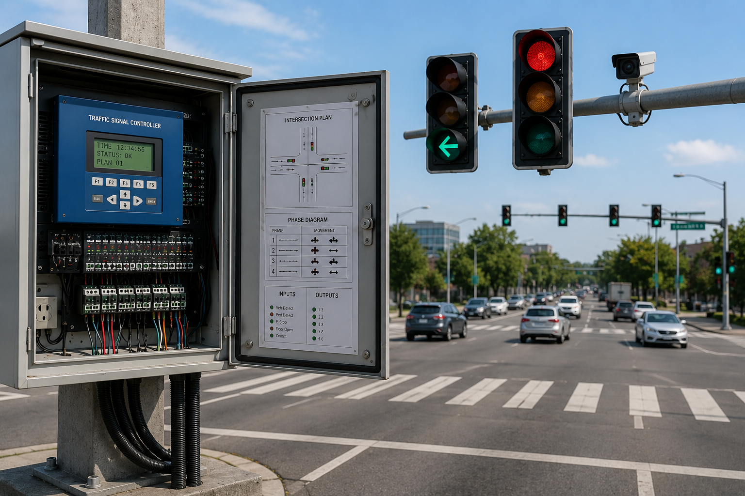 Open traffic signal control cabinet at a city intersection with red and green lights visible ahead.