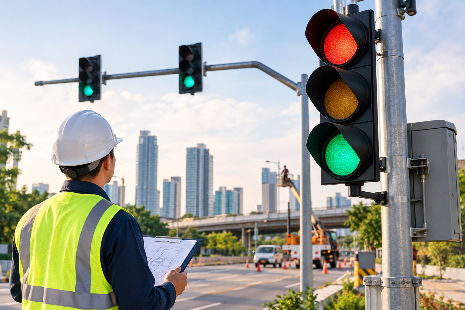 Construction worker in hard hat and reflective vest observing a traffic light at a city intersection