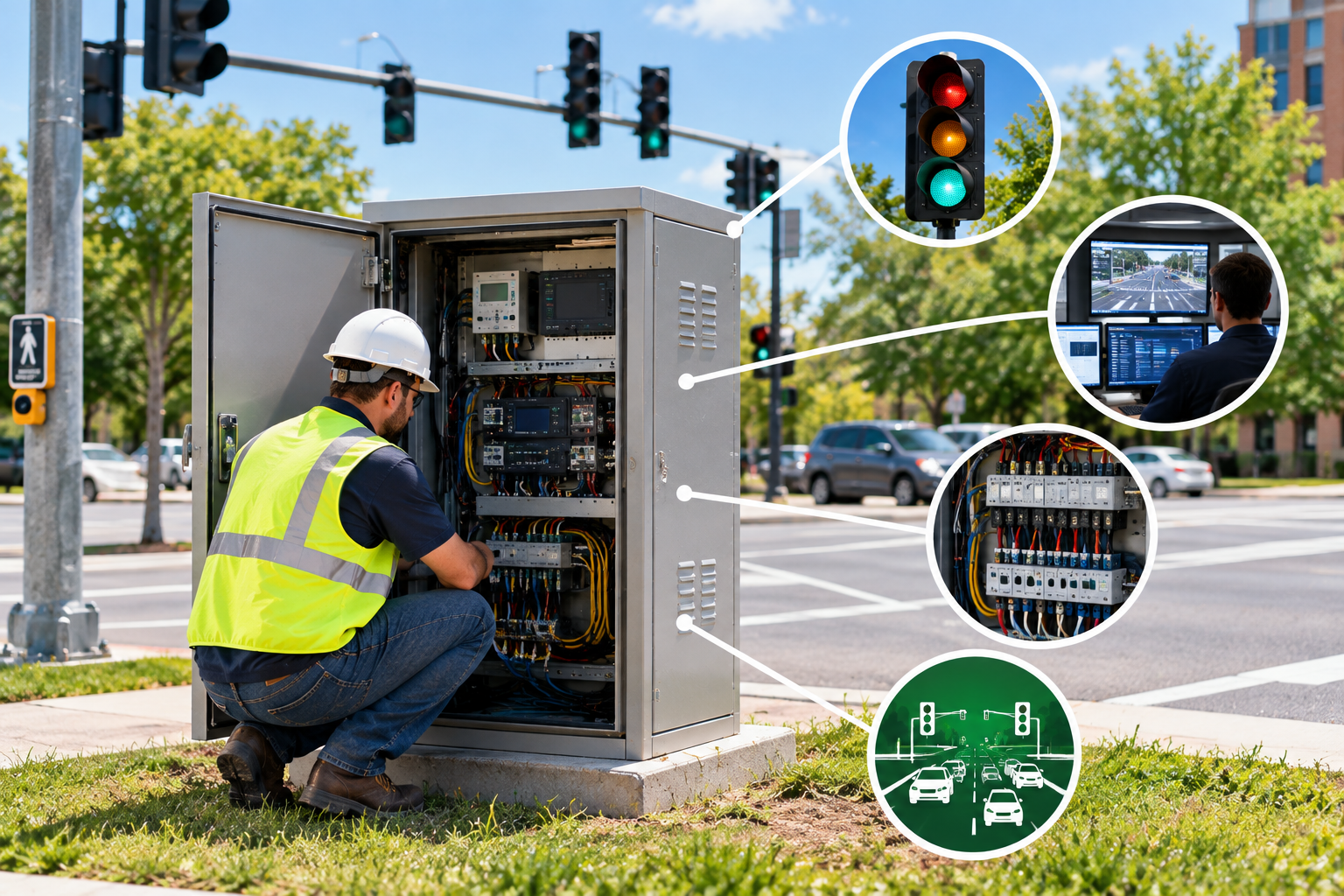Worker inspecting electrical control cabinet on a roadside, with traffic lights and equipment inset views.