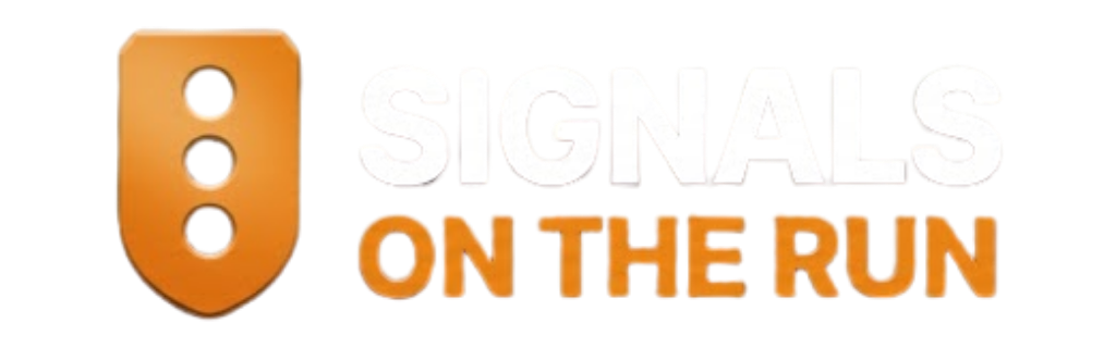 Orange shield icon with three white dots beside the text “SIGNALS ON THE RUN”