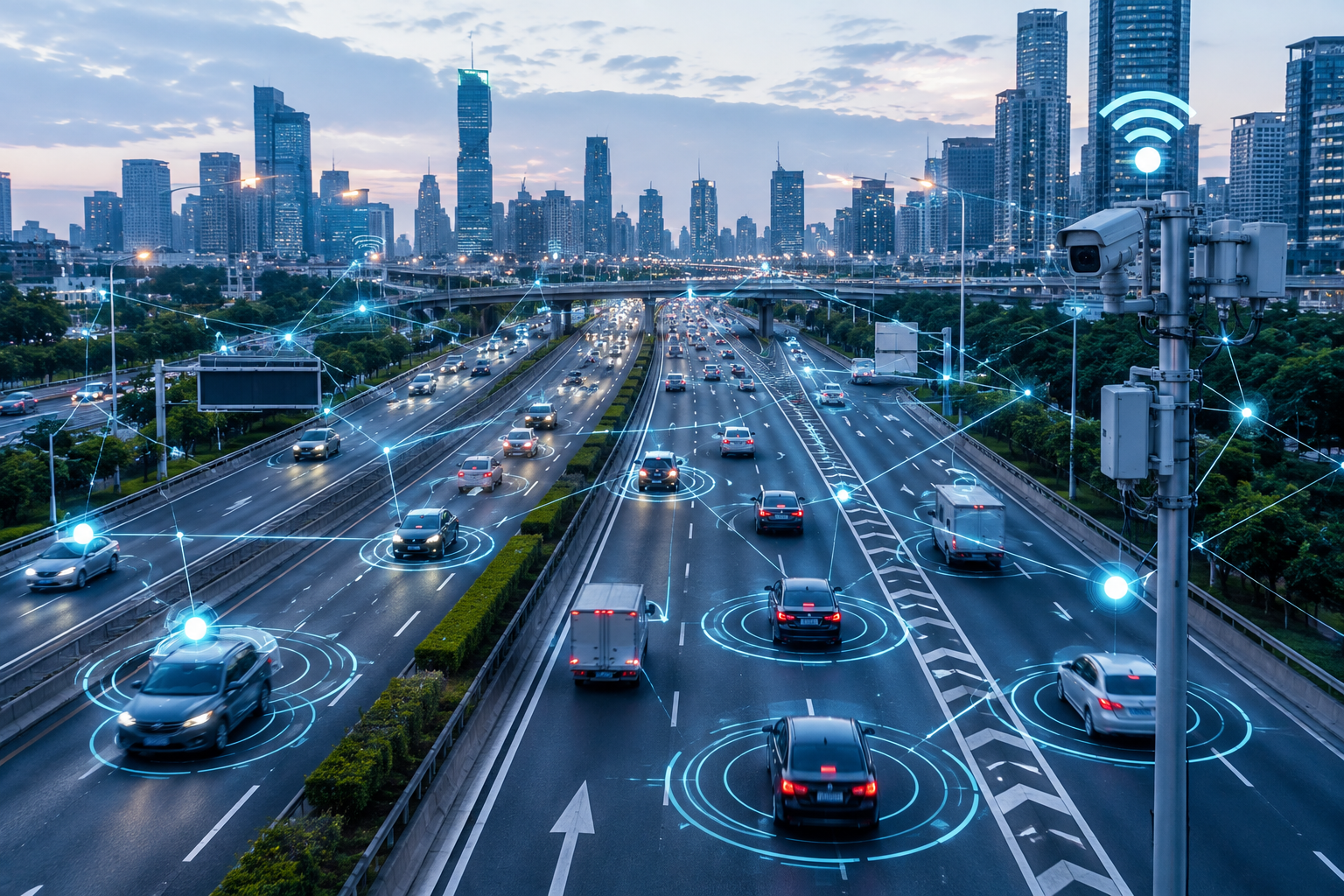 Futuristic city highway at dusk with cars and glowing traffic sensors beneath a skyline of high-rise buildings