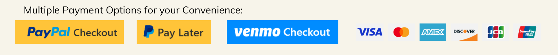 Payment options: PayPal, Pay Later, Venmo Checkout, WM, Mastercard, Visa, Discover, and more.