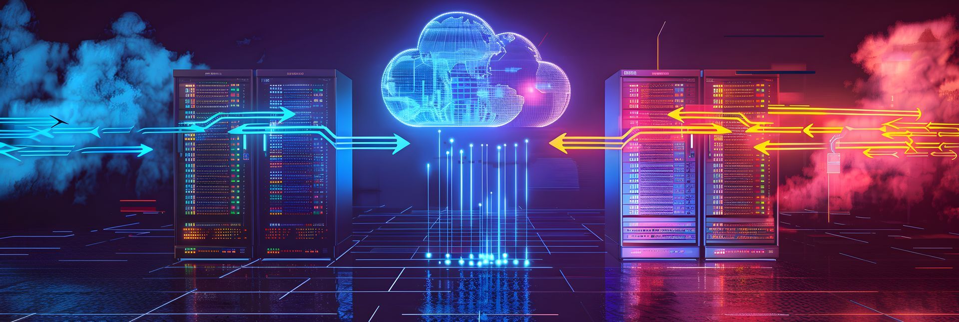 A cloud with arrows coming out of it is surrounded by servers.