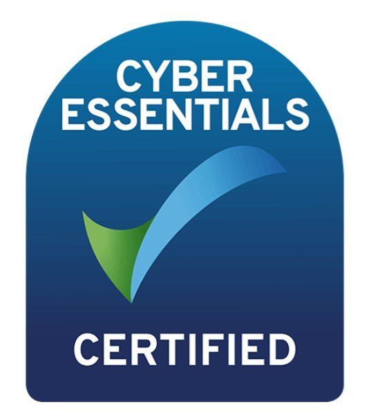 A blue sticker that says cyber essentials certified